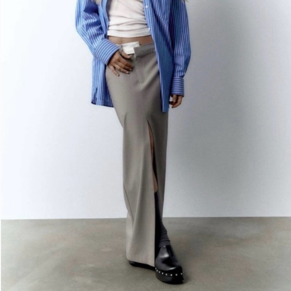 Zara double waist gray trouser style maxi skirt - pockets, asymmetric closure